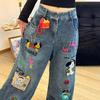 American fun cartoon sticker embroidered jeans women's spring and autumn new design sense loose wide-leg trousers tide