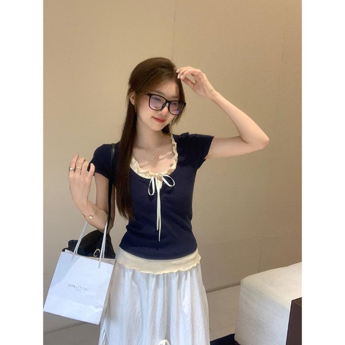 

Женский летний топ 2025 года в балетном стиле, с открытыми плечами, приталенный, с коротким рукавом Extra Large темно-синий