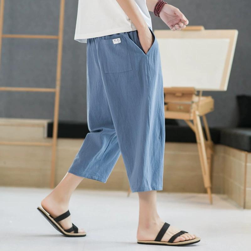 Shorts Men's Summer Outerwear Thin Cotton Straight Leg Knee High Mid Length Pants Trendy Loose Linen Casual Cropped Pants