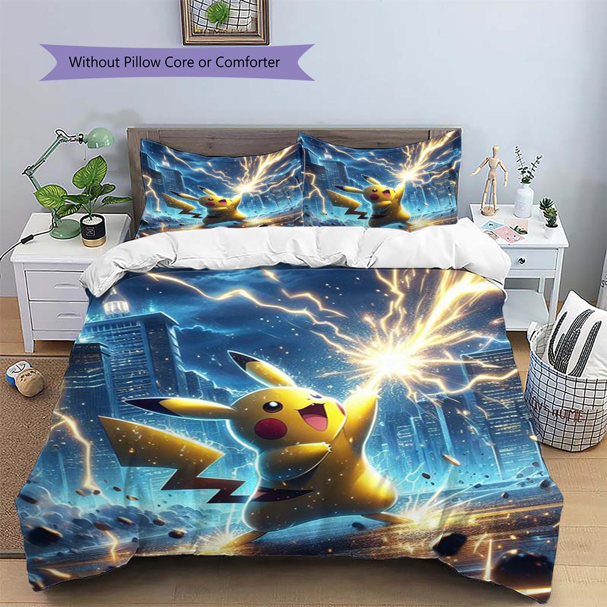 

Pikachu Patterned Pillowcase & Duvet Cover Set Anime Scene Themed Bedding for Bedroom Decor Cool Present for Anime Fans.-TING 135x200cm