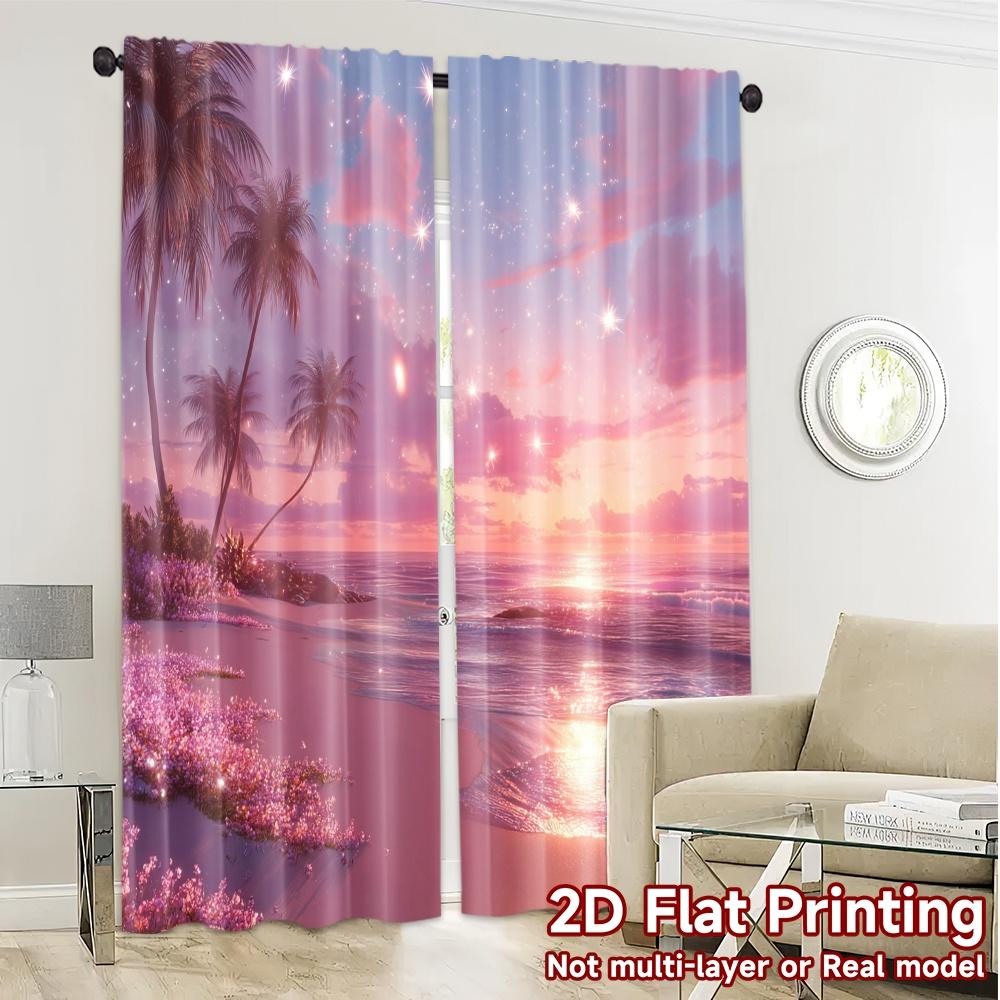 2pcs   2D FLAT PRINTING Curtains (Without Rod) Pink Sunset Shore Popular Minimalist Curtains Yarn Curtains Decorations Suitable