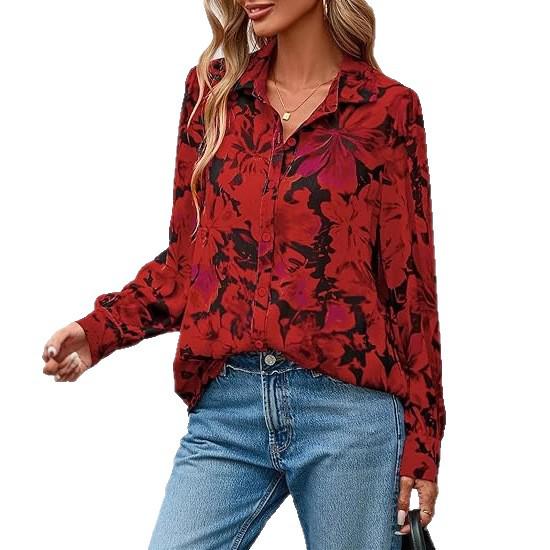

2026 New Arrival Women s Plus Size Red Floral Long Sleeve Loose Lapel Top M червоний