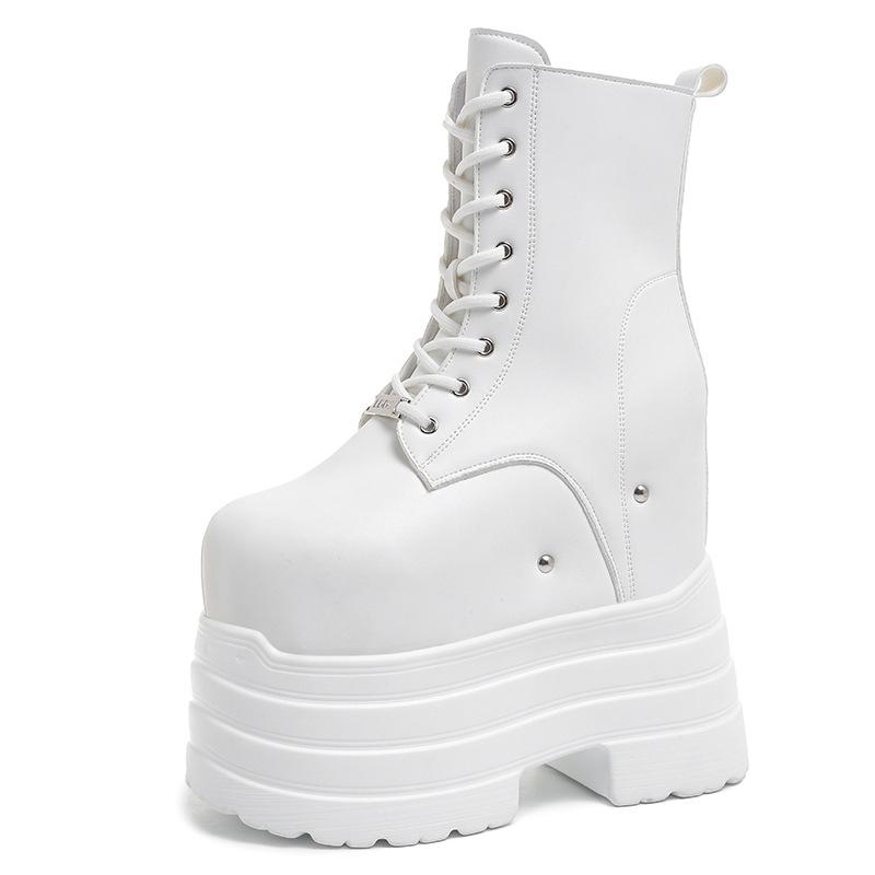 Dámské vysoké boty zvyšující výšku Černé kožené boty na silné platformě Boční zip Gotické punkové krátké boty Streetový styl