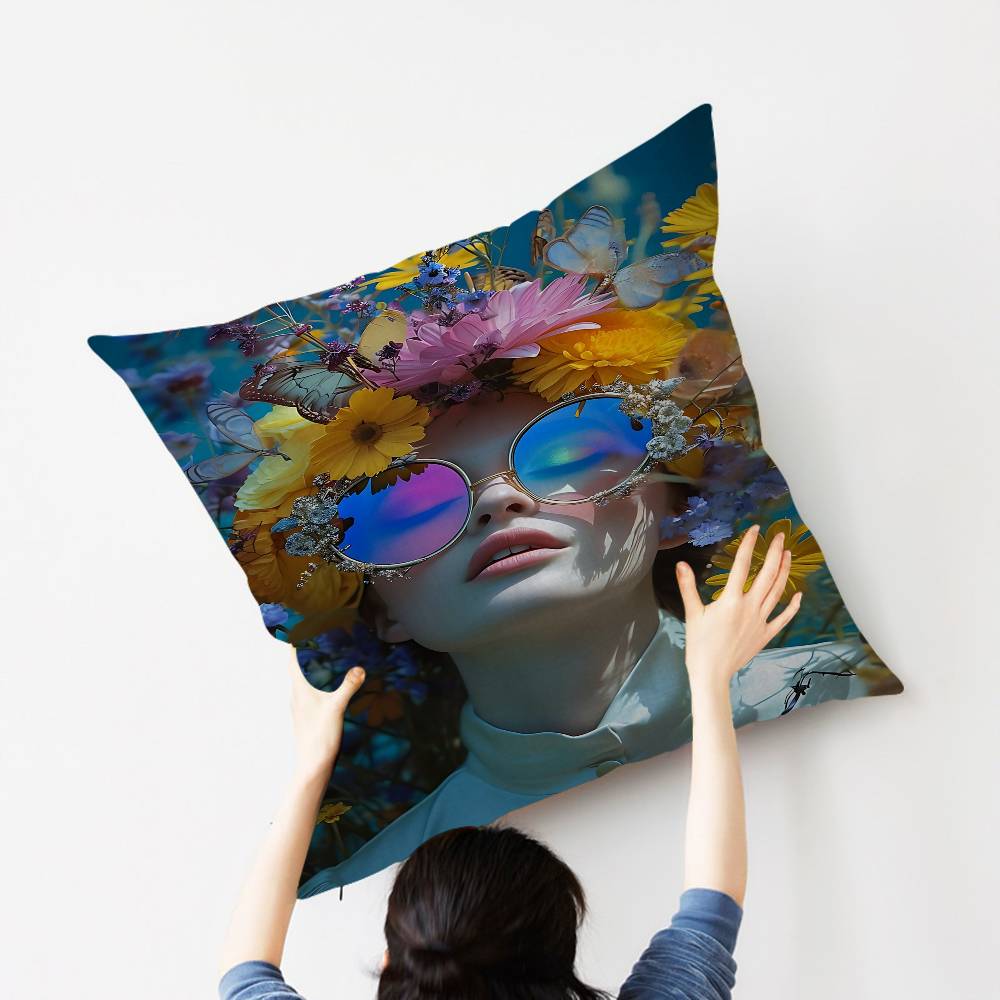 1pc Nordic Boho Fashion Glasses Woman With Flowers Personalized Pillow Dust Cover Bedroom Kids Party Decoration Pillowcase