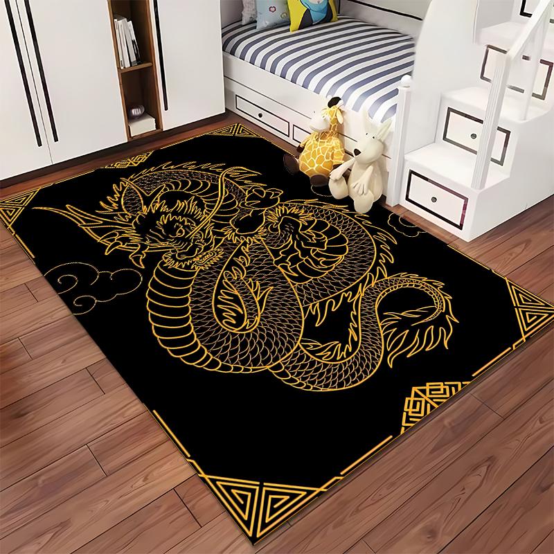Golden Dragon Patterned Black Carpet with Modern Abstract Oriental Style Suitable for Use As an Anti-slip for Living Room Bedroom Sofas