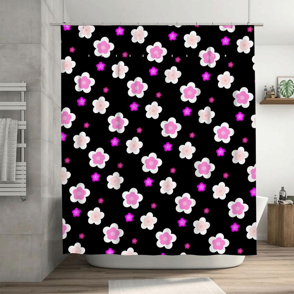 Pink White Flower Print Shower Curtain Black Polyester Waterproof Decor Bathroom Accessories Size: 180 X 200 cm/71x79inch(US) (B