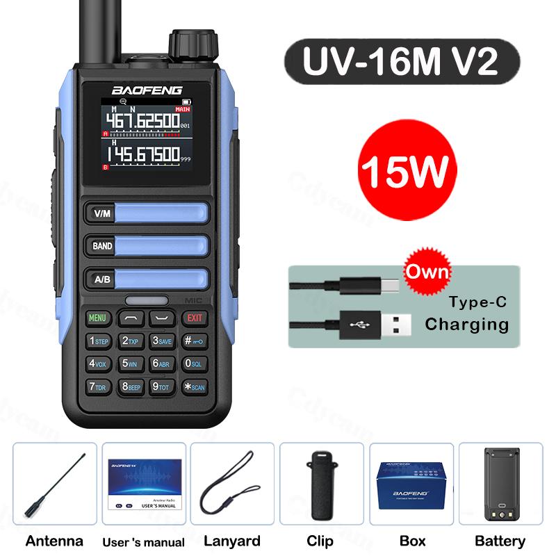 Nieuwe Baofeng UV16M V2 Walkie Talkie 15W Hoge Capaciteit AM FM Tweeweg Radio Volledige Band LCD 999 Kanalen Frequentie Kopieer NOAA Ruis Vermindering USB Plug