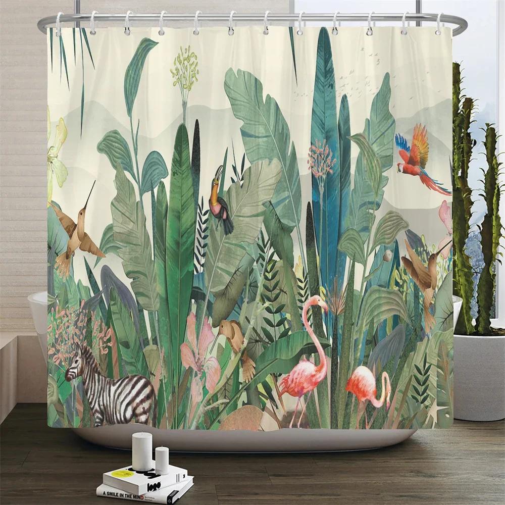 Flamingo Shower Curtains Green Leaf Bathroom Waterproof Polyester Fabric Printing Shower Curtain Decoration Bath Screen