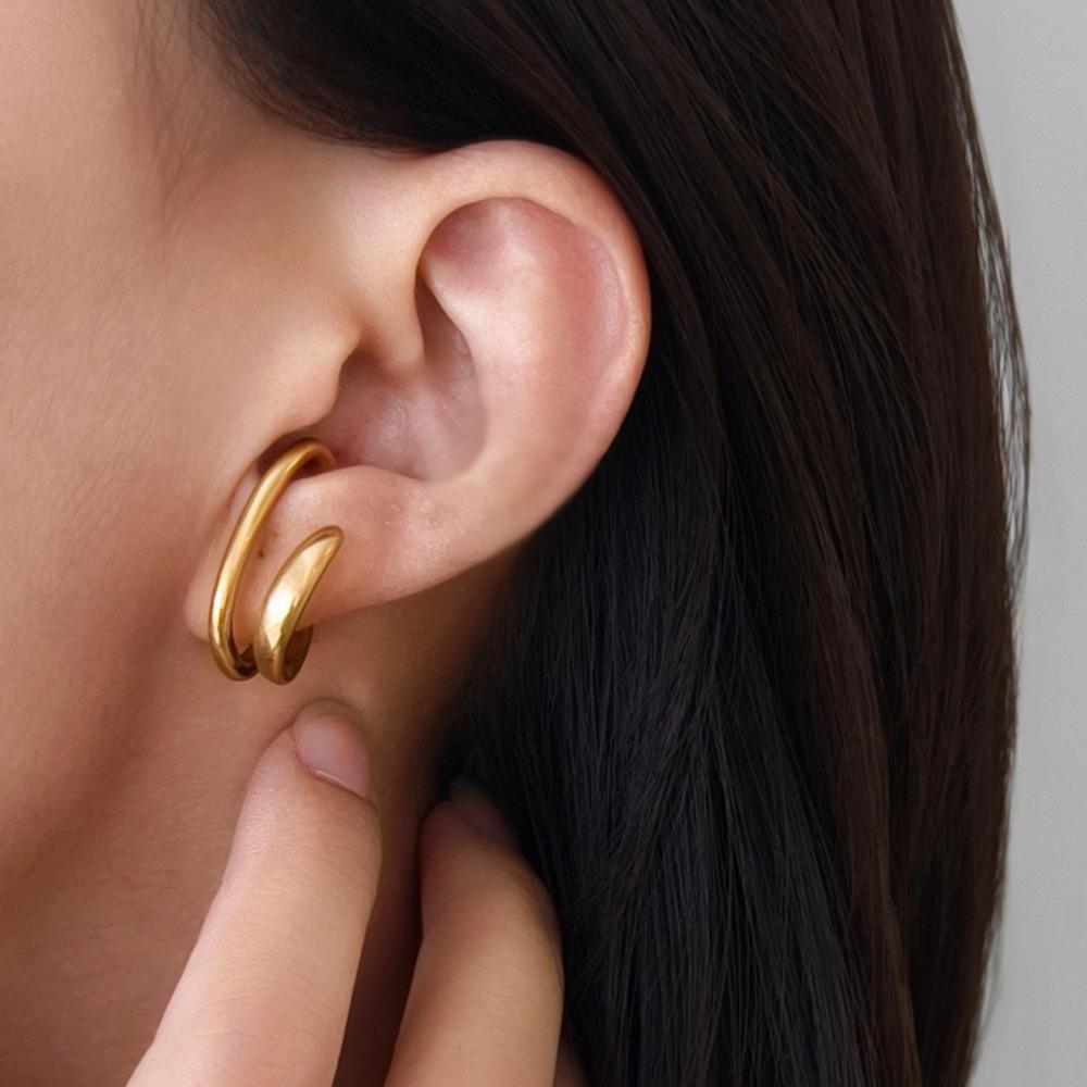 Korean Style Fake Piercing Earcuff Retro Design Classic Wide C Shape Faux Earrings Clip On Double Circle Design Earcuff Earrings