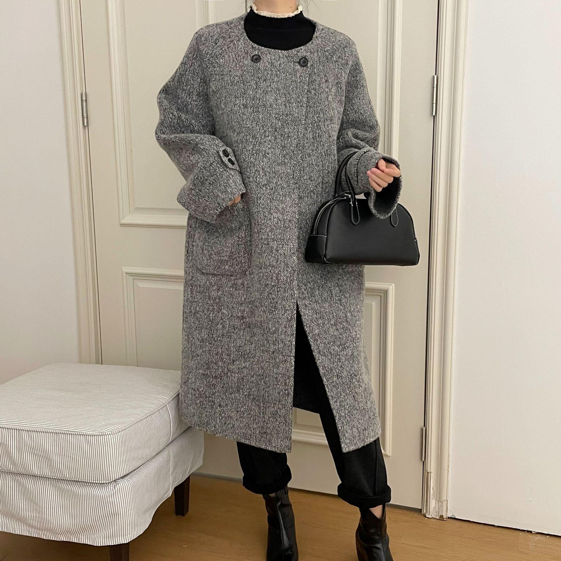 

Длинное пальто Laneige из шерстяного букле Осень/Зима 2024 - Свободный крой, Универсальный стиль Small кофейный