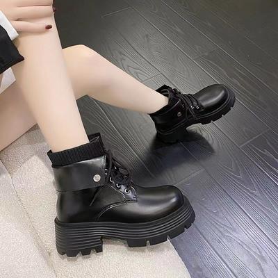 Retro Martin Boots Women's Autumn and Winter New Thick-soled Heightening Black Slim Short Boots