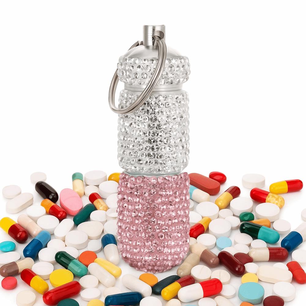with Keychain Bling Pill Case Rhinestone Rhineston Pill Container Portable Cute Storage Box Travel
