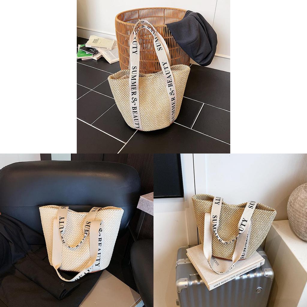 Woven Straw Shoulder Bag With Zipper Closure For Beach And Holiday Use
