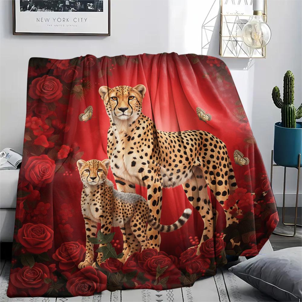 1PC Red Rose Animals Print Flannel Blanket, High Quality All Seasons, Home Decor, Warmth and Comfort, Perfect for Christmas Gifts
