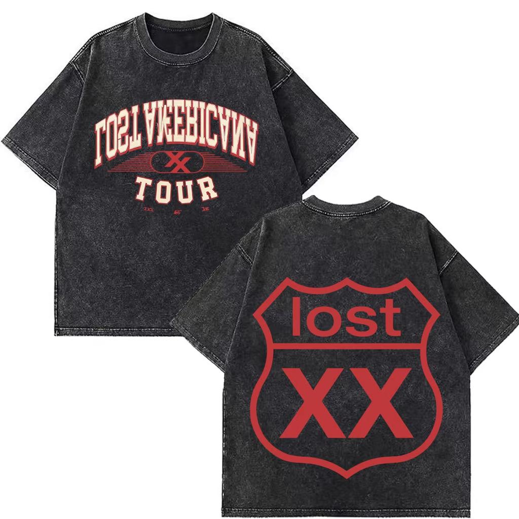 Hot Sale MGK Lost Americana Tour 2026 Print Vintage Washed T-shirt Men Women Fashion T-shirts Summer Oversized Short Sleeve Casual Clothing