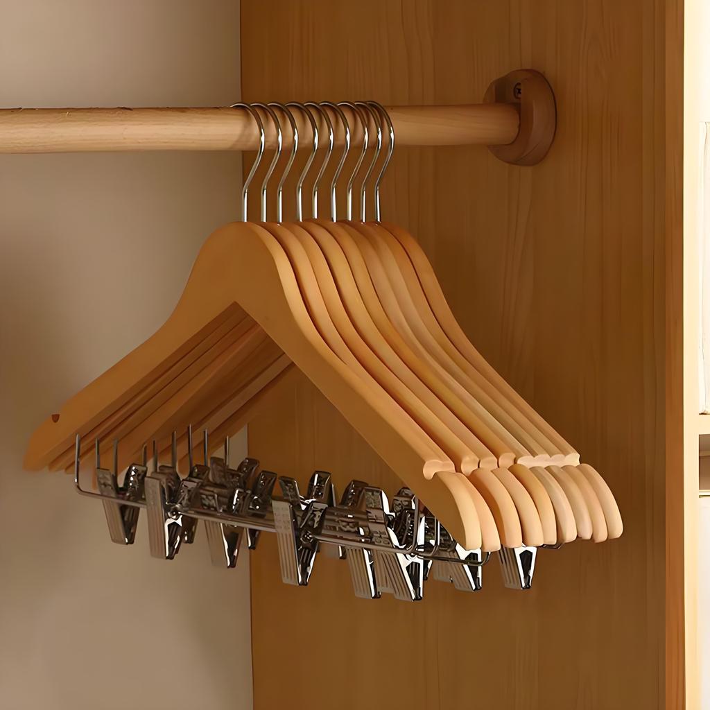 10pcs Solid Wood Hangers with Clips for Shirts T-Shirts Suits Coats and Wardrobe Use