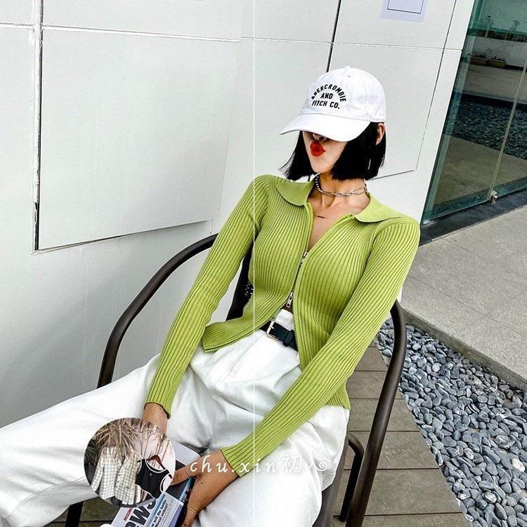 Autumn Winter Sexy Skinny Navel Lapel Double Zipper Pit Strip Knit Cardigan Sweater Short Jacket Long Sleeve Top Solid Color