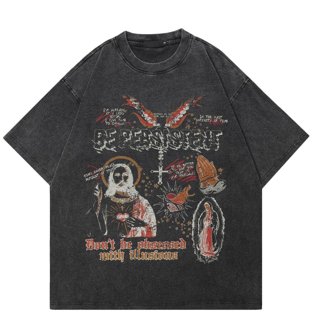 Streetwear God Graphic T-Shirt Cotton Washed Black Tshirt Unisex Tops Tees Summer Short Sleeves T Shirt