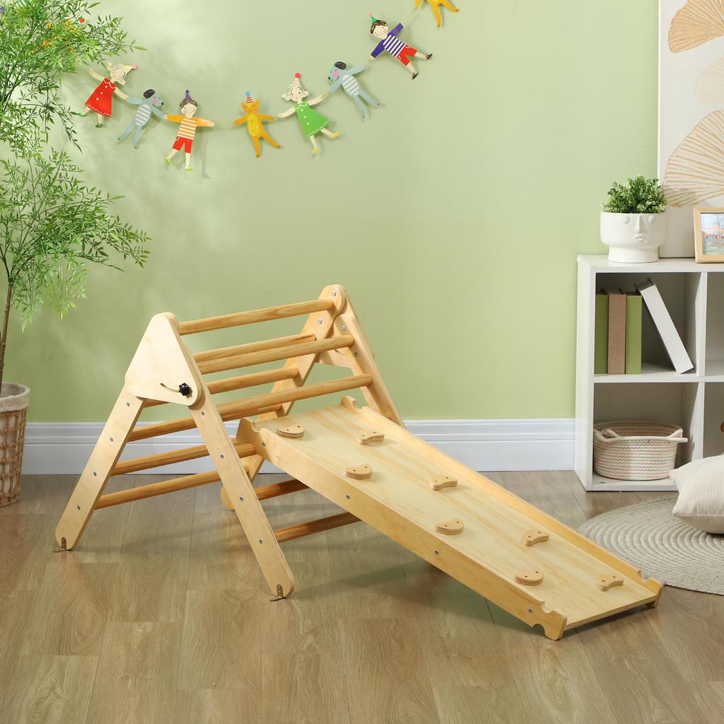 Kids' Wooden Climbing Set with Triangle Ladder and Two-Sided Ramp, for Children Aged 18-48 Months