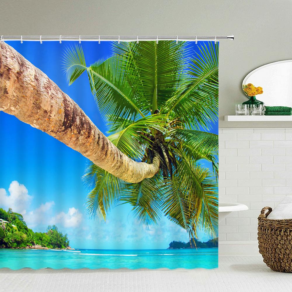 Beach Sea Palm Trees Shower Curtains Scenery Waterproof 3d Bathroom Curtains With Hooks Home Decoration Washable Bath Screen