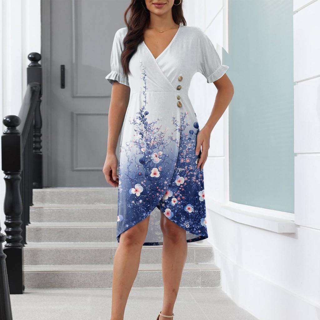 Beach Dresses For Women Spring Summer Elegant Wrap V Neck Floral Boho Dress Flowy Ruched Hawaiian Maxi Dress