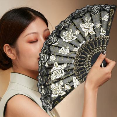 Rose Lace Folding Fan with Tassel Vintage Wedding Dance Performance Photo Props Portable Summer Hand Held Fan Party Supplies Gift