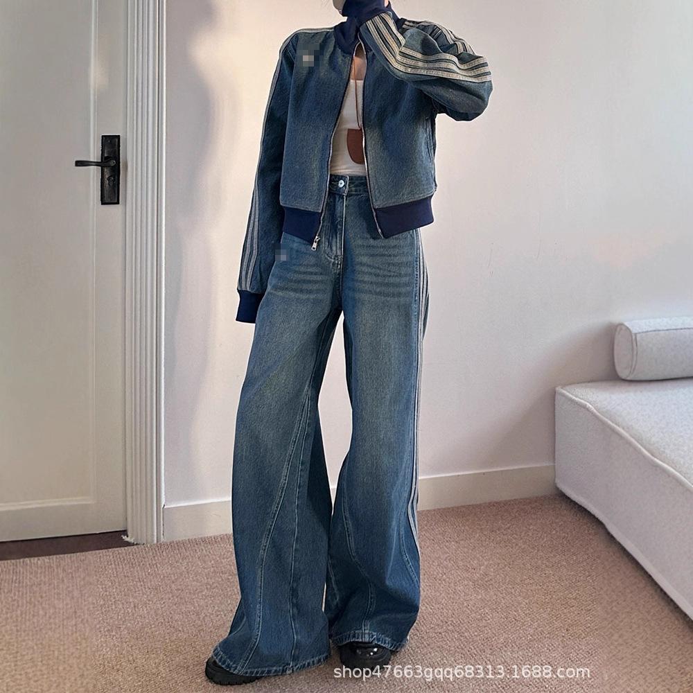 Korean Fashion Denim Suit Women's Spring and Autumn New Casual Sports Loose Short Jacket Wide-leg Pants Two-piece Trendy