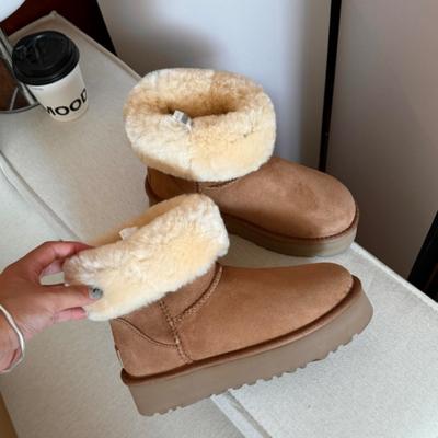 Schneestiefel mit dicker Sohle für Damen, Samt und verdickt, neues Lammfell und Fell integriert, mittelhoher Schaft, warme Baumwollschuhe, Winterschuhe