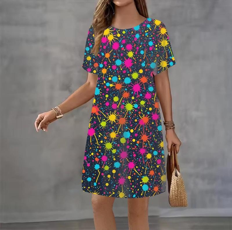 Modisches 3D-Druck Sommerkleid Locker Lässig Kurzarm Rundhals Minikleid