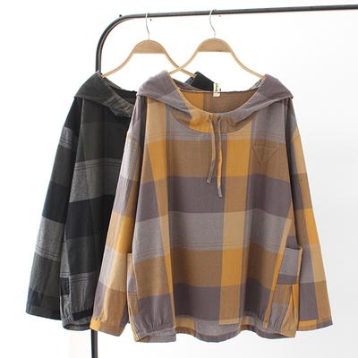 Spring  Women's T-shirt Loose Plaid Drawstring Long-sleeved Hooded Pullover