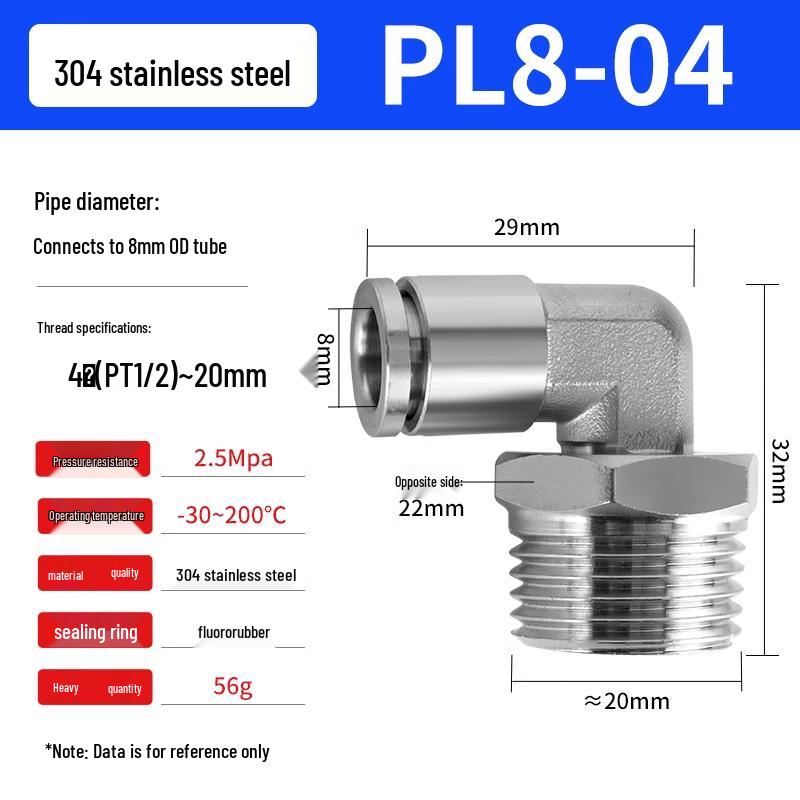 304 Stainless Steel Pneumatic Quick Push-in Connector, PC16-06/PC8-02 Swivel Elbow, PL6-M5/04