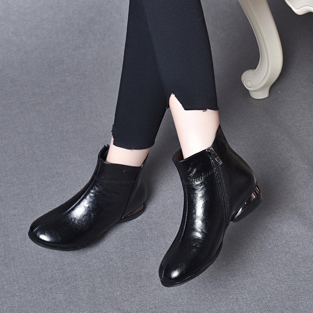 Round Head Short Boots Women's 2025 Autumn and Winter New Mango Head Low Heel Casual Cotton Boots Comfortable Flat Boots Cowhide Women's Leather Boots
