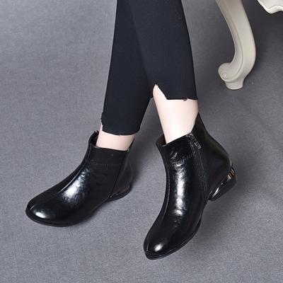 Botas cortas de punta redonda para mujer, nuevas, cabeza de mango, tacón bajo, informales, de algodón, cómodas, botas planas, cuero de vaca, botas de cuero para mujer