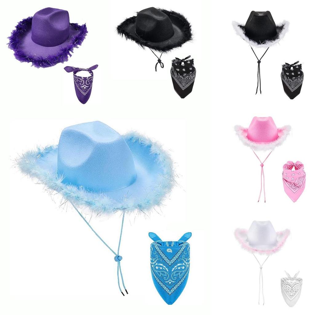 Cowboy Style Blue Fringe Wool Hat With Bandana For Christmas Costume Accessories