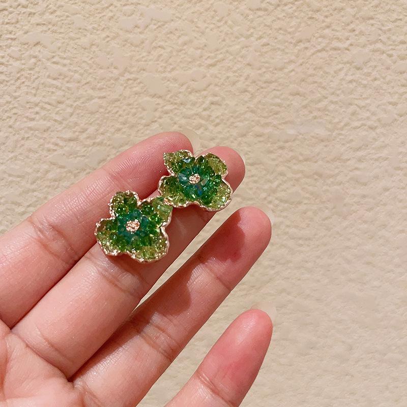 Green crystal flower butterfly earrings summer small fresh and sweet stud earrings 2025 explosion high-end earrings women