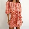 Women's Fashion Plaid Drawstring Waistband Indented Seventh Sleeve Dress