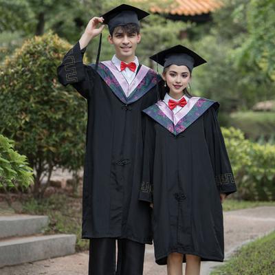 Bachelor Uniform with Hat V Neck Knee Length Long Sleeve Hidden Button Liberal Arts Student Graduation Robe Graduation Party Clothes