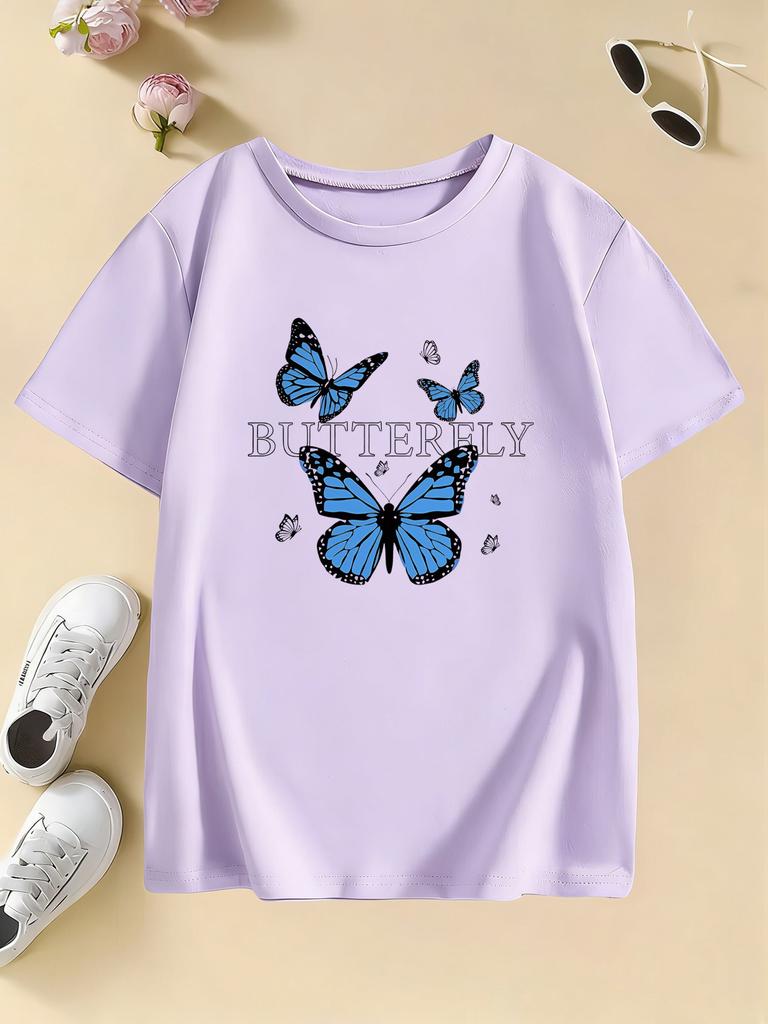 Girls Blue Butterfly Fashion Design T Shirts Kids Childrens Tshirt Boys Girls Summer Spring Casual Top Tee