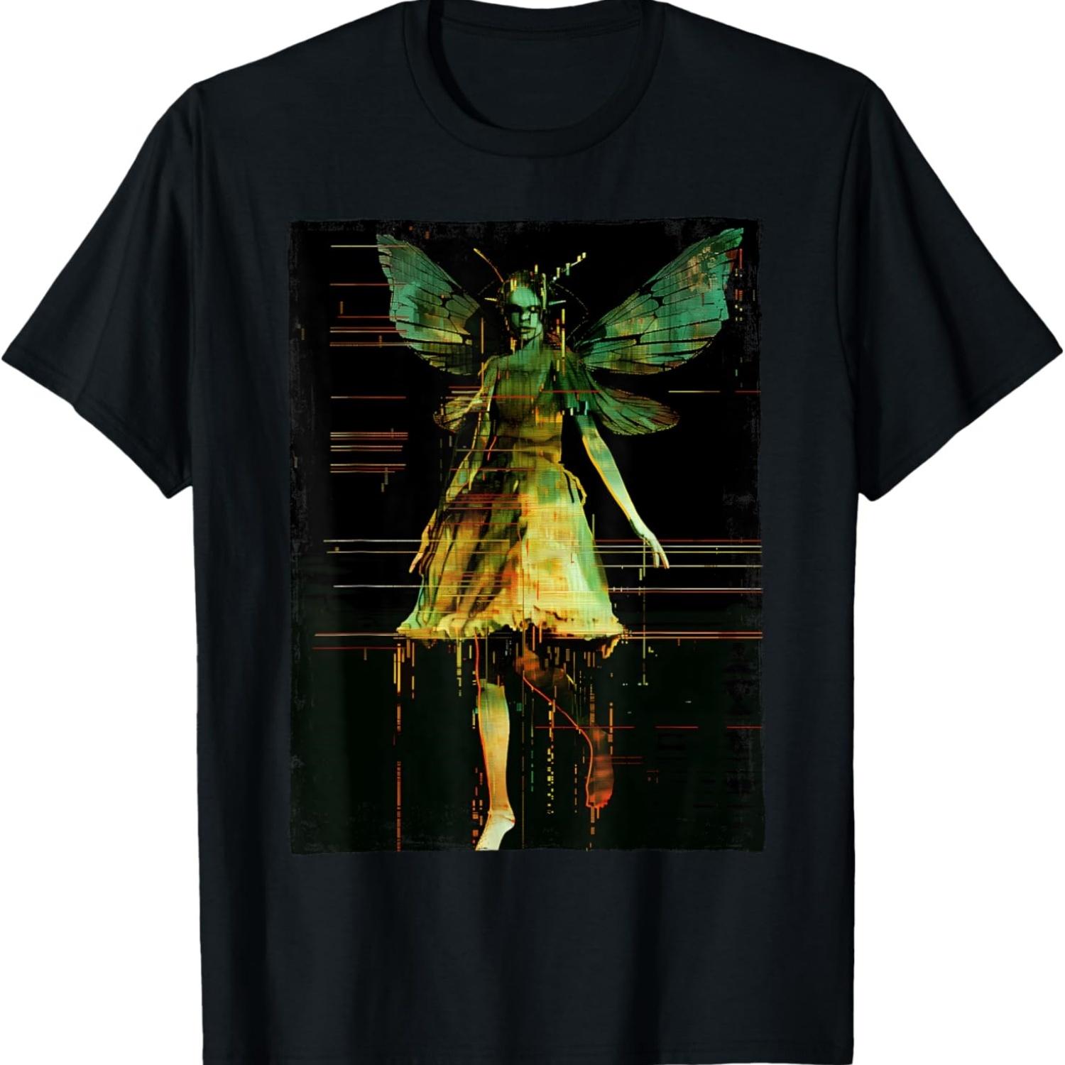 Fairy Core Distressed Glitch Digital Horror Cyber Goth T-Shirt S чёрный