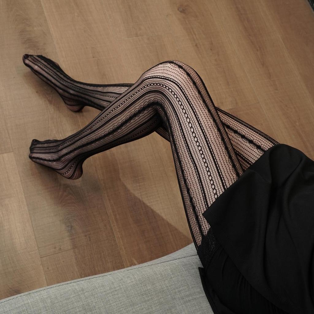 Hohle Strapsstrumpfhose mit Fischmuster - Nachtclub Schwarzseide