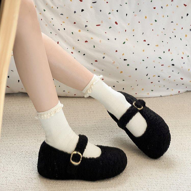 thick-soled white plush shoes women's shoes wear 2025 new autumn and winter Mary Jane single shoes plush cotton shoes women