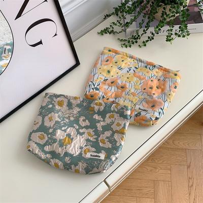 Bolsa de cosméticos de flores de color naranja y azul para mujer, organizador de artículos de tocador de maquillaje exterior de viaje, bolsa de almacenamiento de lavado portátil de gran capacidad
