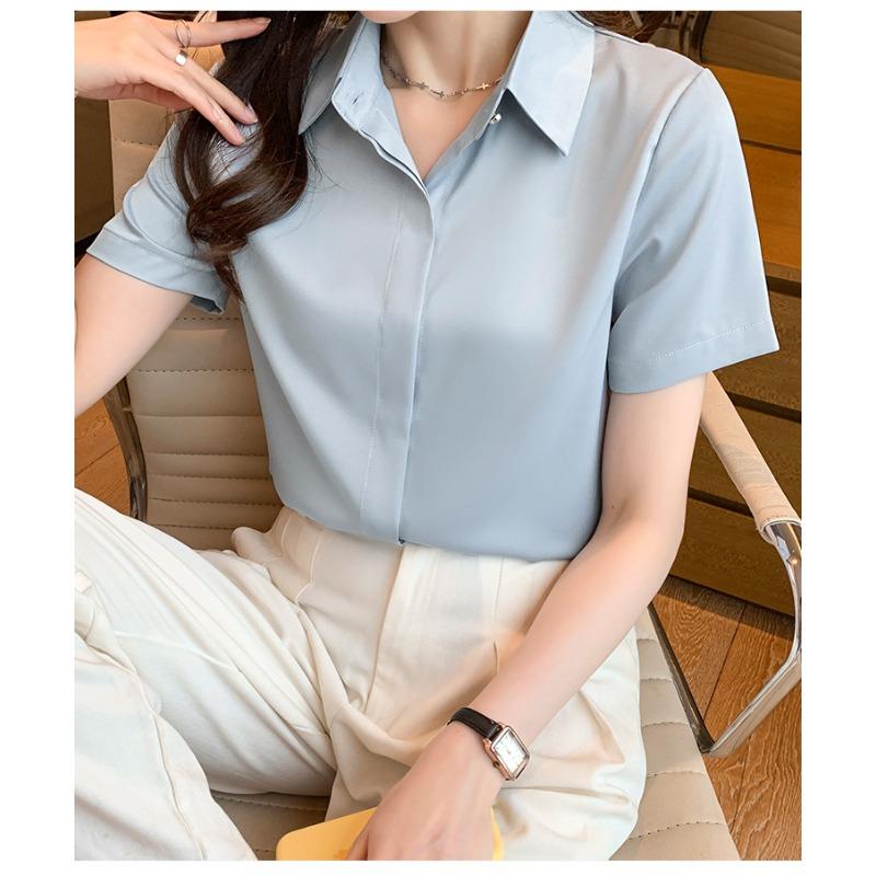 Chiffon Shirt for Women Summer Temperament Professional Shirt Polo Collar Short-sleeved Formal Shoulder Blouse