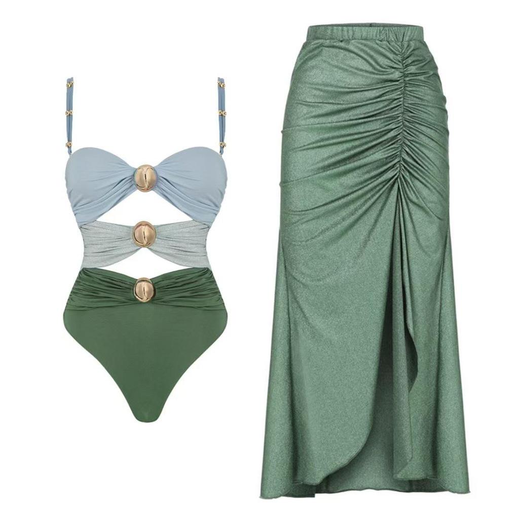 2025 European Gold-Plated Cutout One-Piece Swimsuit for Women - Color Block Design