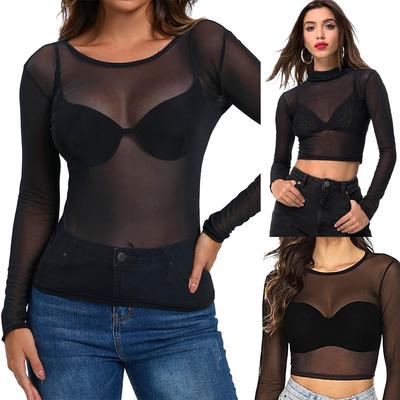 Dames Verse Sexy Slim Fit Doorzichtig Mesh Top met Lange Mouwen