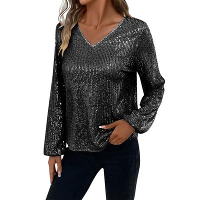 Women's Solid Color Long Sleeved V-neck Fashionable Pullover Top