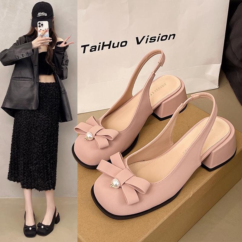Fashion 2025 Beige Heeled Sandals Women's Female Shoe Square Toe Black New Open Block Girls Bow Comfort Summer Low Closed Casual Sandal