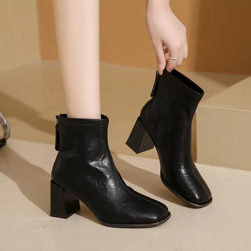 Damenschuhe im Angebot 2024 Modische Damenstiefel mit Reißverschluss, Winterstiefel mit spitzer Spitze, einfarbig, kurze Stiefel mit klobigem Absatz, Botas de Mujer