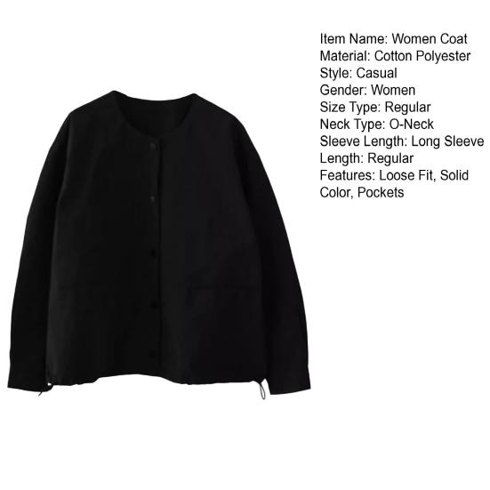 Women Coat Round Neck Long Sleeve Single Breasted Cardigan Solid Color Jacket Coat with Pockets Daily Wear