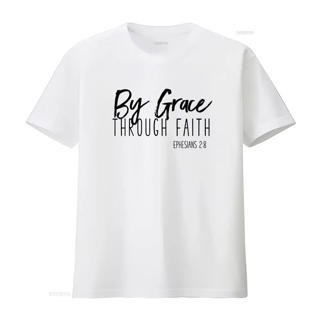 Womens By Grace Through Faith Uplifting Bible Verse T Shirt Black Vintage Washed Homme Unisex Streetwear Graphic Stretched Soft
